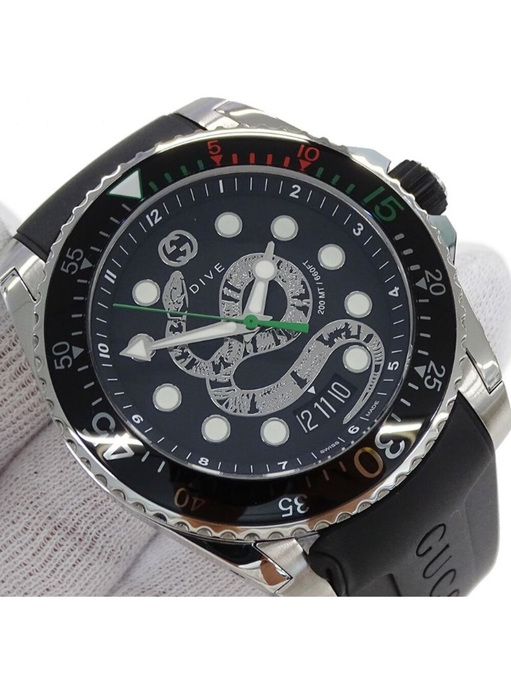 Gucci Watch Dive Snake Date Quartz Stainless Steel Rubber 136.2 Black Polished - Picture 13 of 13